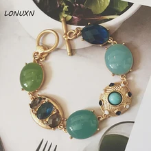 Известный бренд цинковый сплав зеленый Женский Корейский Золотой браслет женские ювелирные изделия полудрагоценные камни богемный стиль ретро Вечерние