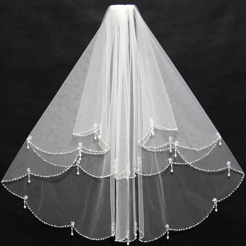 Элегантные Короткие Свадебные вуали цвета слоновой кости с отделкой бисером по краям и оборками со вставкой, недорогая свадебная одежда для невесты 11038
