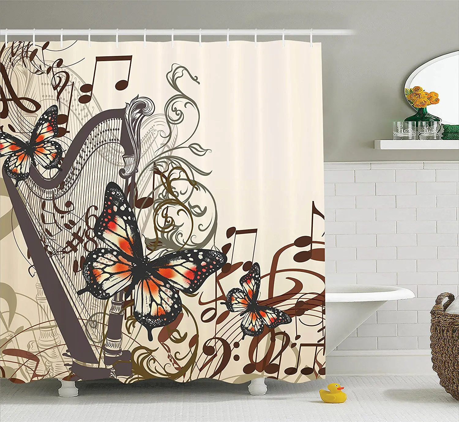 Butterflies Decoration Shower Curtain Set Harp Ornament And Butterflies