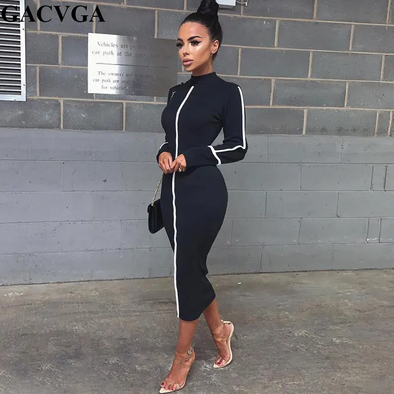 

GACVGA 2019 New Long Sleeve Autumn Dress Turtleneck Black White Sexy Bodycon Long Dresses Winter Women Casual Party Club Dresses