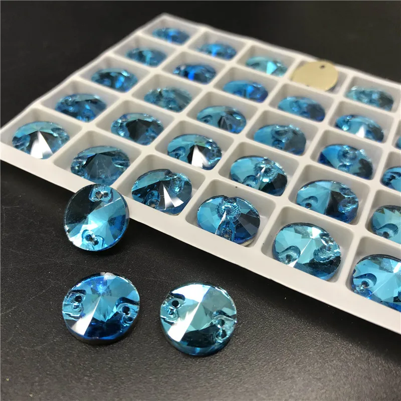 

Aquamarine Glass Crystal RIVOLI Sew-On Stone FLATBACK Round SEW ON Rhinestones for Dress Clothing accessories