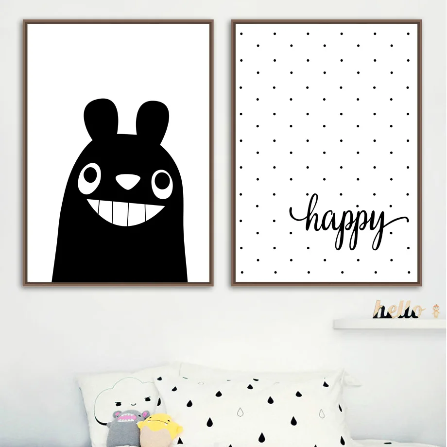 Hitam Putih Bear Happy Quotes Dinding Seni Lukisan Kanvas Nordic