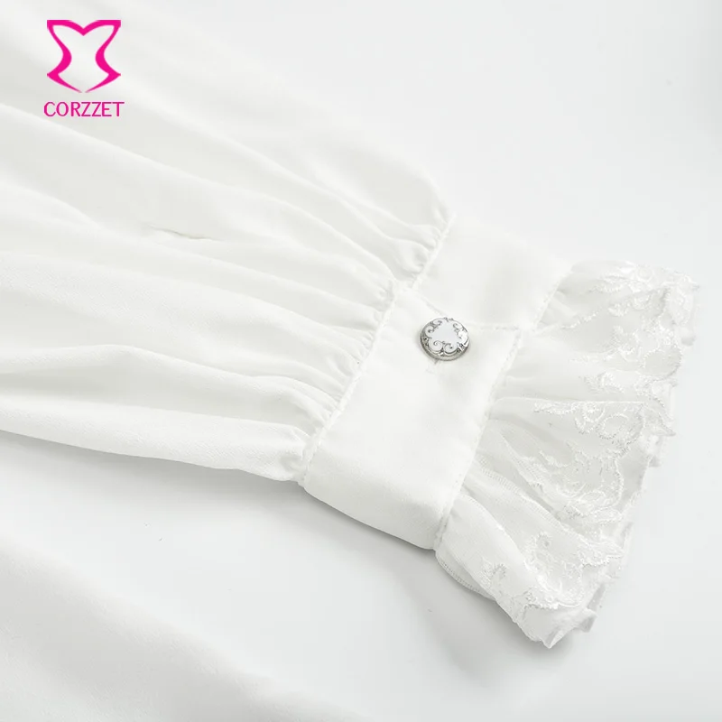 White Lace Ruffled Stand Collar Long Sleeve Victorian Medieval Cosplay Vintage Shirt Men Gothic Top Plus Size Steampunk Clothes