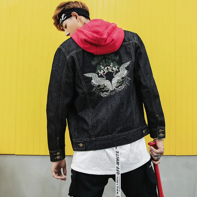 Denim Jackets Coats Men Cranes Embroidery Vintage Denim Jackets Mens
