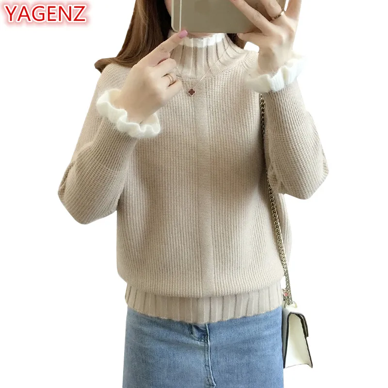 YAGENZ вязаный свитер Для женщин вязаный детский комбинезон половина высокий воротник дамы Короткое пальто весенний свитер Для женщин