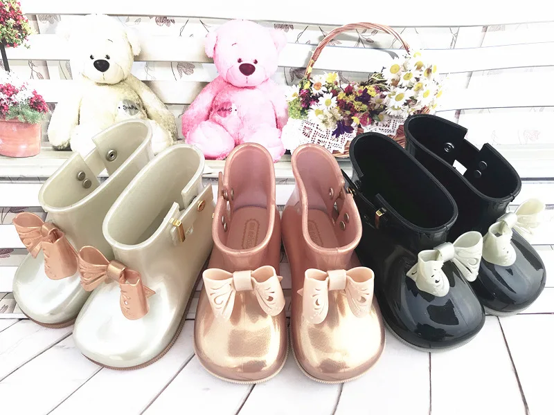 Mini Melissa/зимние резиновые сапоги с бантом; оригинальные 1:1 сапоги для девочек; Новинка года; прозрачные сандалии для девочек; детские непромокаемые ботинки для малыша из водонепроницаемого материала