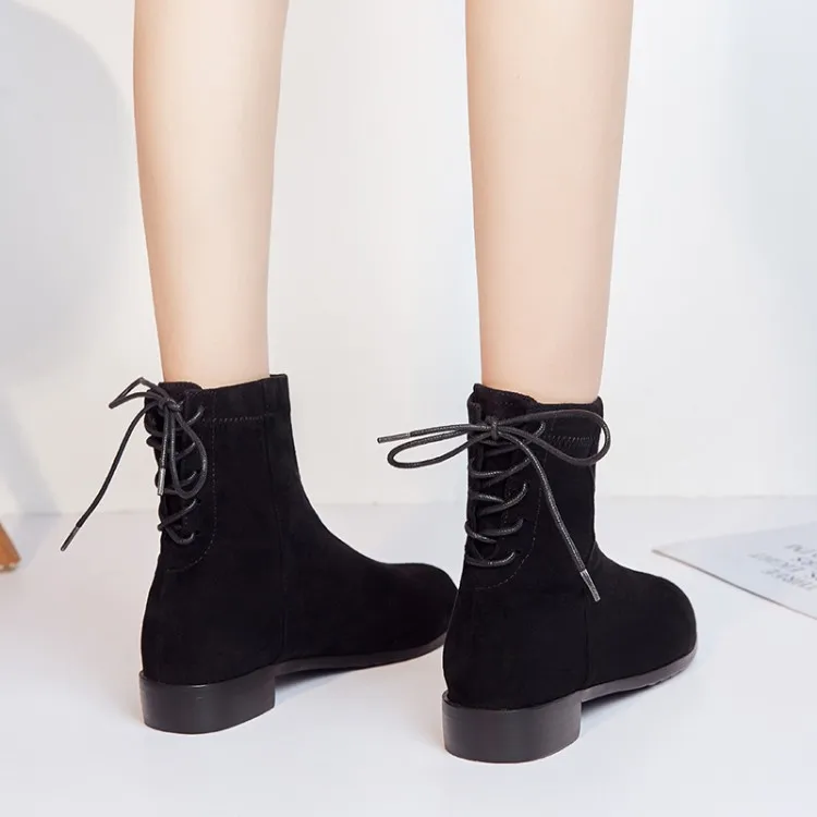 

Big Size 9 10 11 12 Round-headed solid-color tie bow with thick heel and mid-barrel boots