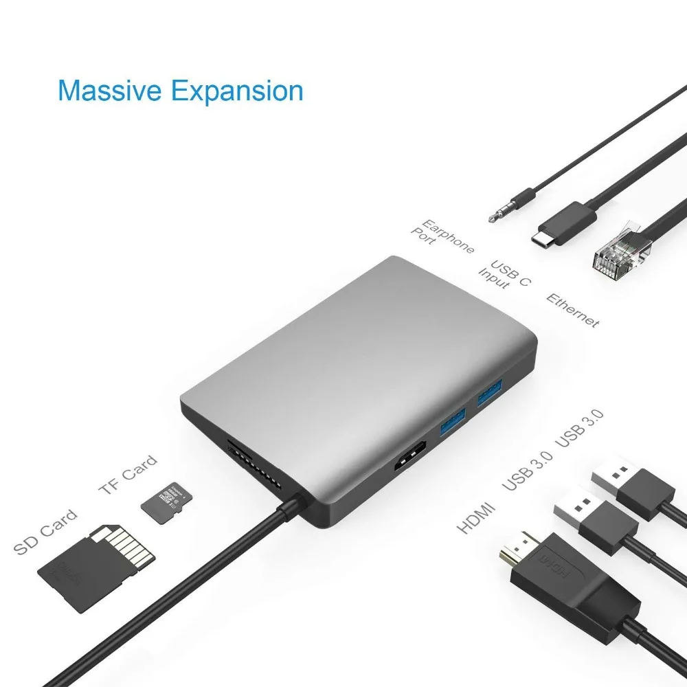 USB C Hub 8-in-1 USB C Adapter with Gigabit Ethernet Type C Power Delivery HDMI Output SD & TF Card Reader 2 USB Ports