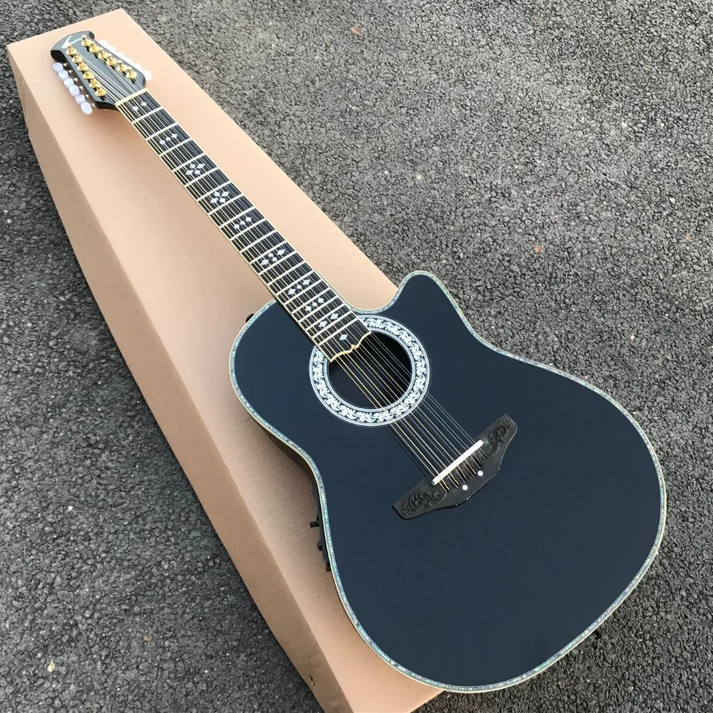 

solidwood 12 strings acoustic guitar real abalone 12 string acoustic electric guitar OV model carbon fiber tortoise shell back