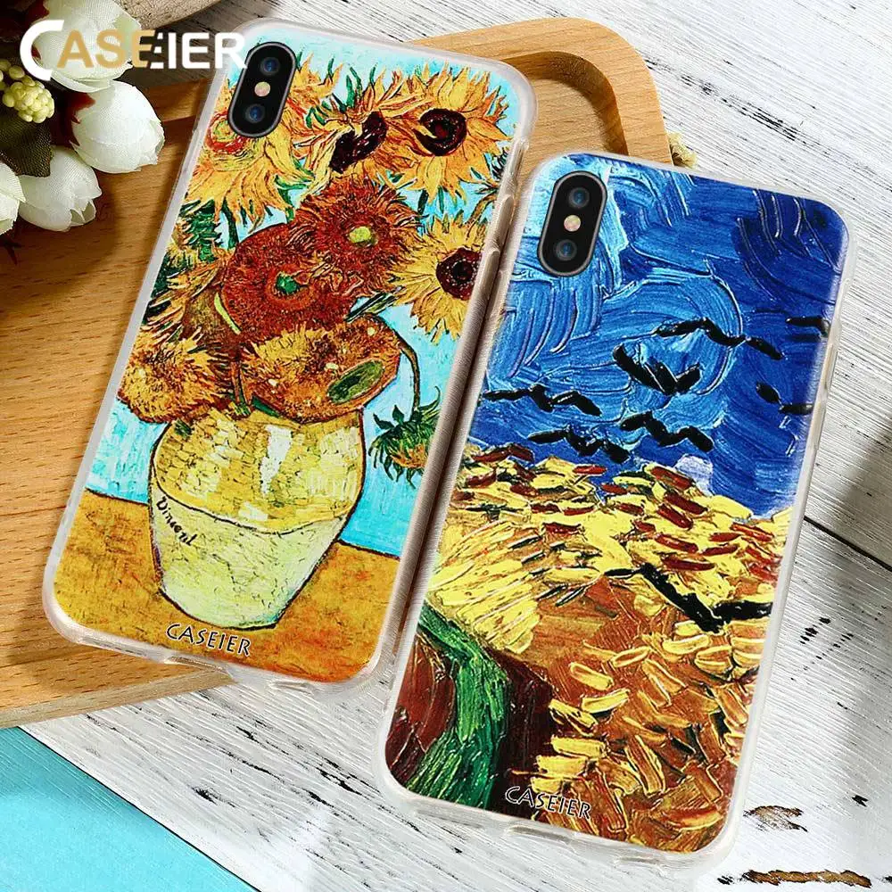 

CASEIER SunFlower Phone Case For iPhone X Plus 3D Emboss Soft TPU Cover For iPhone 6 7 Plus Van Gogh Series Funda Capinha Shell
