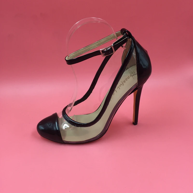 Patent Leather Black Round Toe Pumps Ankle Strap Plastic Pumps Shoe ...