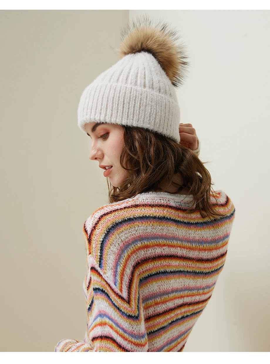 Woman Winter Hat Imitation Mink Fur Slouchy Beanie Thick Warm Turban Femme Straight Crochet Wool Hat Fur Pompom Skullies Beanies (12)