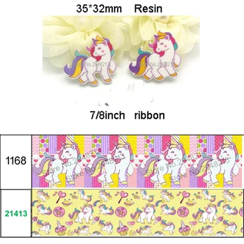 

printed cartoon unicorn grosgrain ribbon and resin sets 7/8inch 50yard ribbon and 50pcs resin 1 sets REB176
