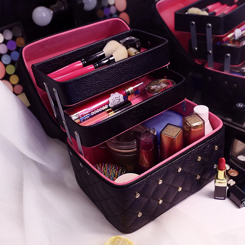

3 Layer Large Capacity Women Professional Makeup Case Diamond Stud Cosmetic Box Travel Storage Case Organizer Vanity Beauty Case