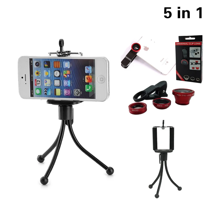 

5in1 Phone Camera Lenses Kit Fisheye Fish Eye Wide Angle Macro Lens With Clips Mini Tripod For iPhone 8 7 6 6s 5s SE Smartphone
