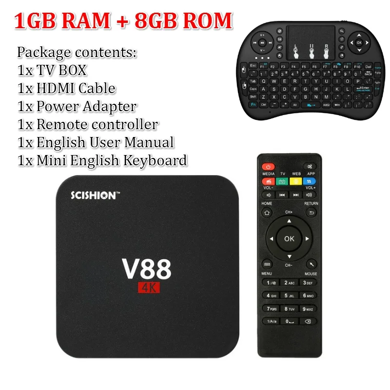 SCISHION V88 Android tv Box IP tv ОС Android 9,0 1 ГБ ОЗУ 8 Гб RK3229 четырехъядерный 1080P WiFi HDMI смарт ТВ приставка медиаплеер - Цвет: 1G Black EU Keyboard