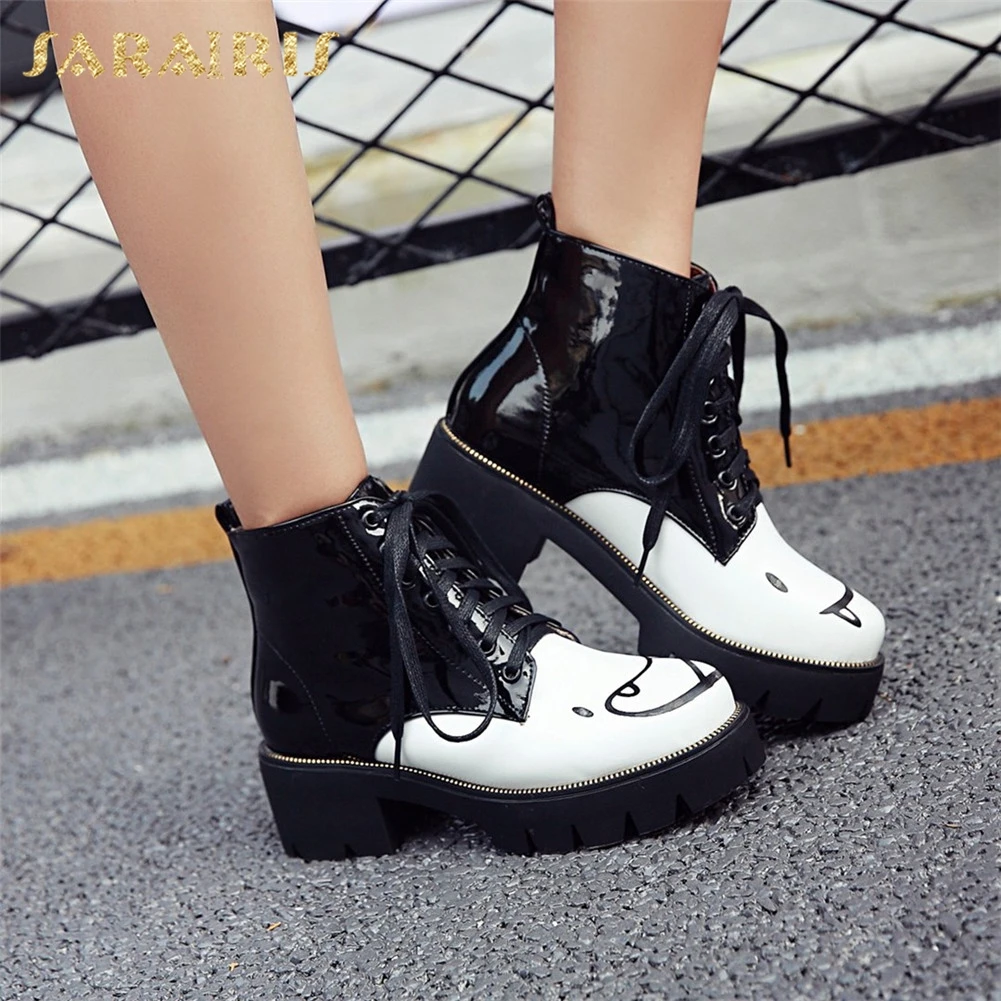 

INS Sweet 2019 Large Size 43 Comfortable Square Heels Ankle Boots Women Shoes Shoelaces Leisure Cute Shoes Woman Boots Female