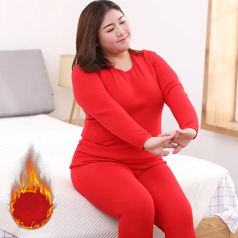 Зимнее термобелье размера плюс, Женские Бесшовные штаны и топ, костюм, теплые пижамы, особенно для женщин, бархатная Толстая термо-Пижама - Цвет: Красный