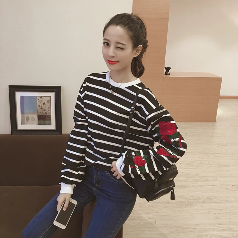 Roses Embroidery Lantern Sleeve Loose Striped Women Sweatshirt (6)