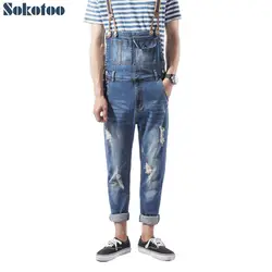Sokotoo Для мужчин тонкий карман отверстия рваные джинсовые комбинезоны Повседневное рваные джинсы длиной до щиколотки подтяжки комбинезоны