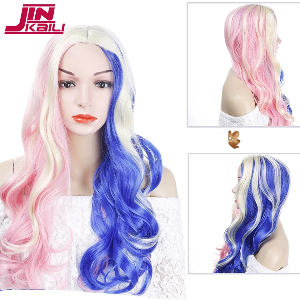 JINKAILI WIG Long Ombre Pink and Blue Wavy Curly Cosplay Wigs for Women