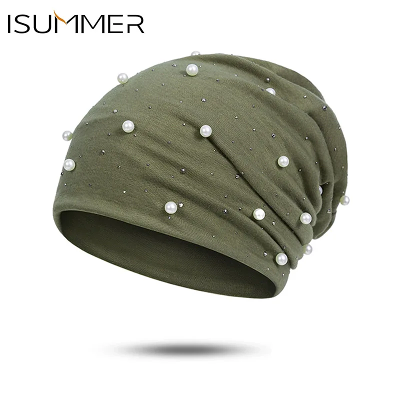 

ISummer Pearl Winter Hat For Women Cotton Hip Hop Cap Fashion Warm Hat Ladies Soft Beanie Skullies Beanies Head Accessories Gift