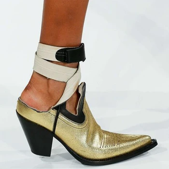 

Punk Style Wrist Band Ankle Boots Summer High Street Fashion Cowboy Ankle Boots Pointed Toe Leather Shoes Women