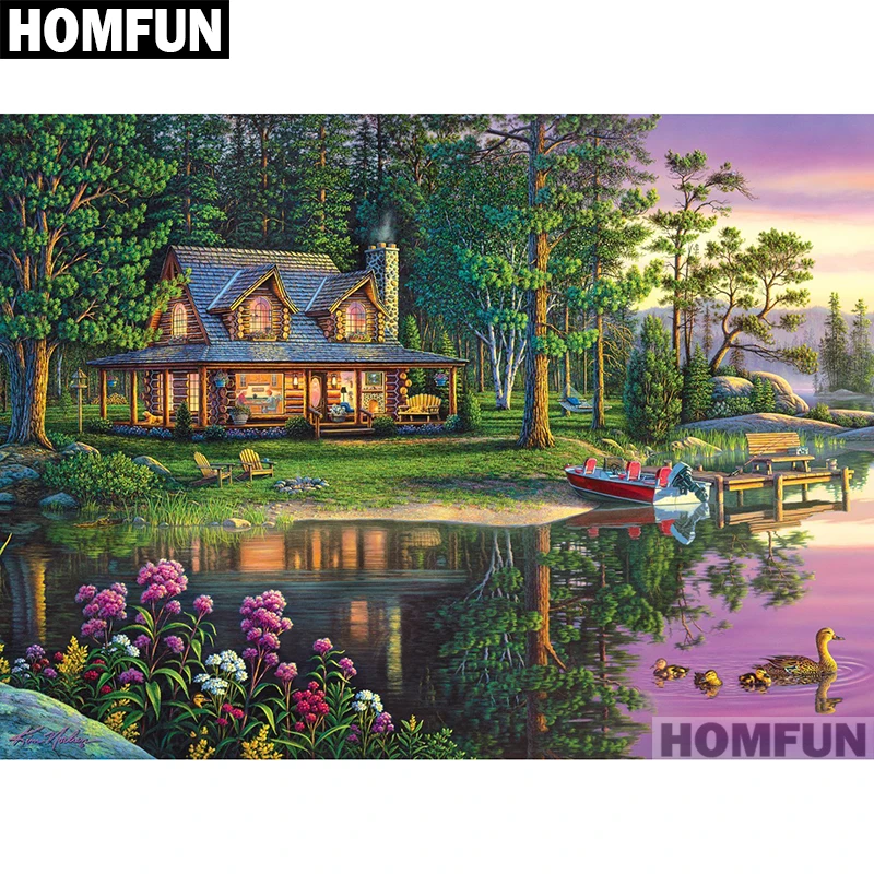 Алмазная живопись HOMFUN A01577 полноразмерная/круглая вышивка домик лес 5D для