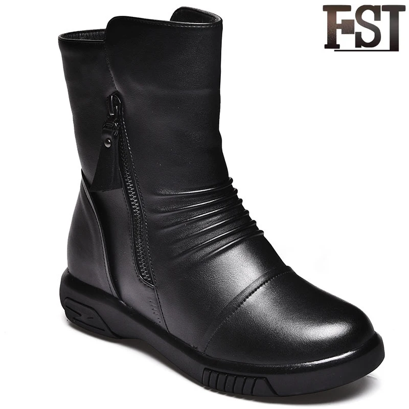

FSJ Genuine Leather Ladies Winter Ankle Boots Women Wedges Round Toe Winter Platform Fashion Shearling Sheep Wool 2019 Warm 3cm