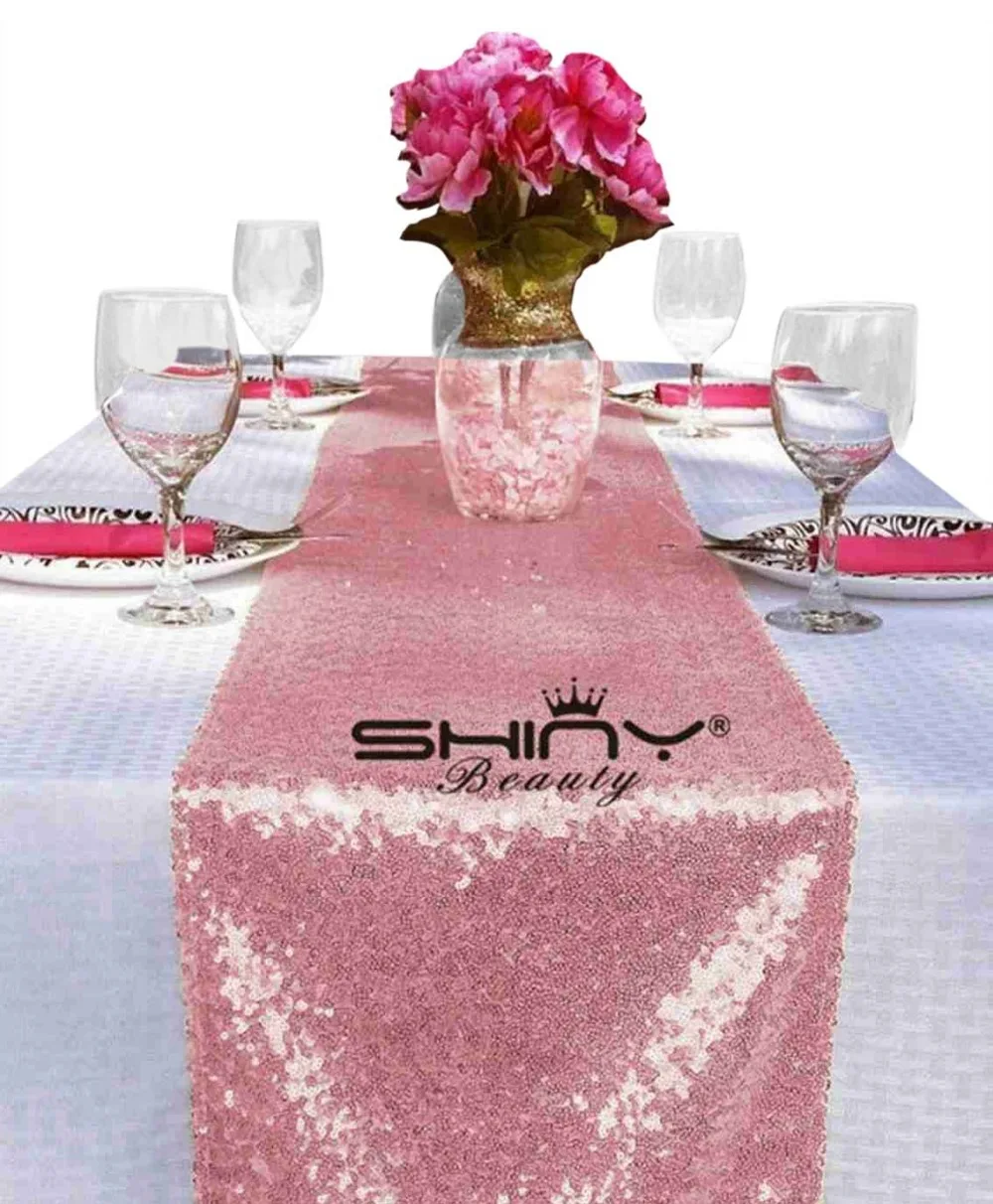 ShinyBeauty pink gold Sequin Table Runner 12x72in Wholesale Sequin