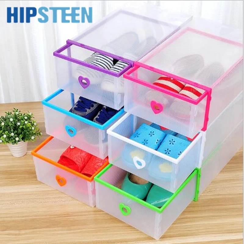HIPSTEEN متعددة الوظائف النساء اللون قلوب شفافة صندوق تخزين للحذاء DIY تكويم درج نوع المنظم حالة