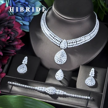 

HIBRIDE Trendy Luxury Geometry African Necklace Earring Set Jewelry Set For Women Wedding Zircon CZ Dubai Bridal jewelry Set N36