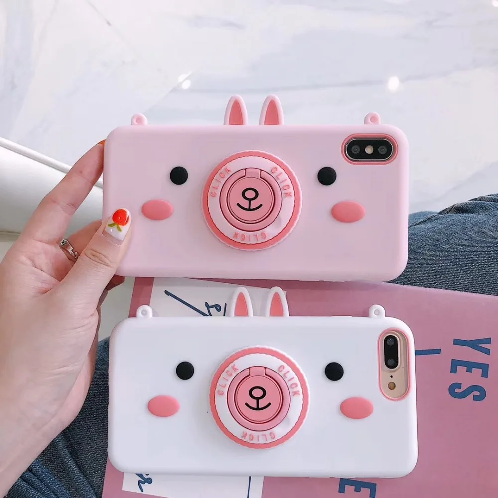 

Marchcover 3D cute Cartoon Camera Cony P Hold Ring Case For iPone 8 7 6 6s plus X XS MAX Long Straps Soft Silicone Cover
