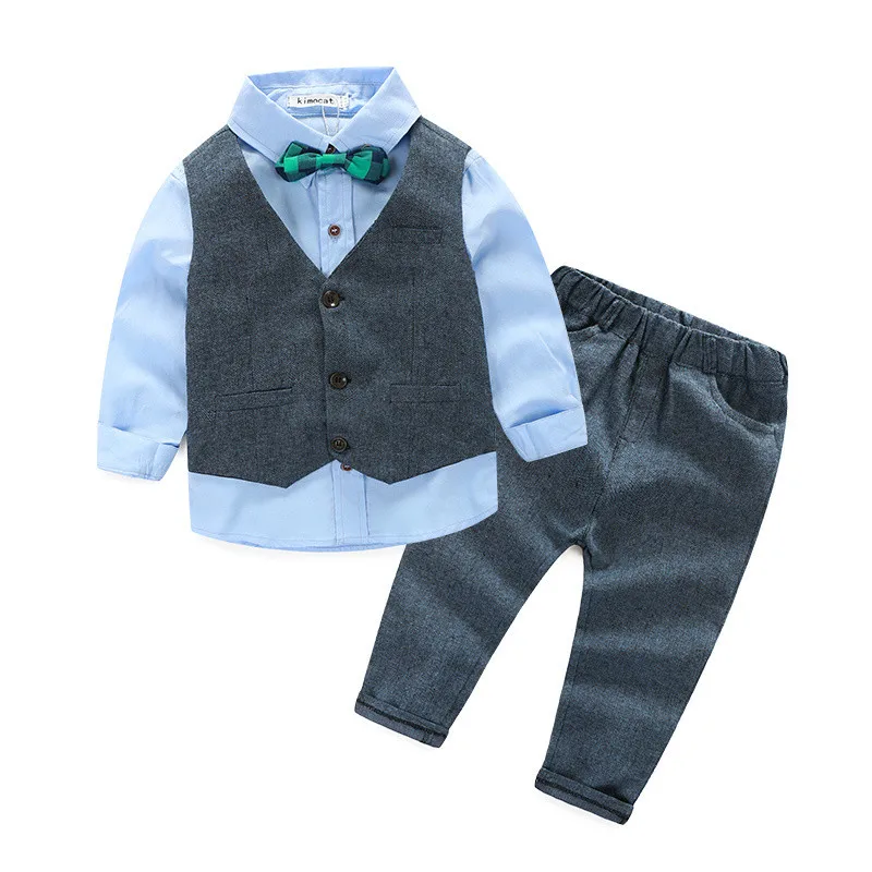 

New Fashion boy clothes Winter Children clothing set boy gentleman Bow tie shirt + vest + causal pant kid clothes