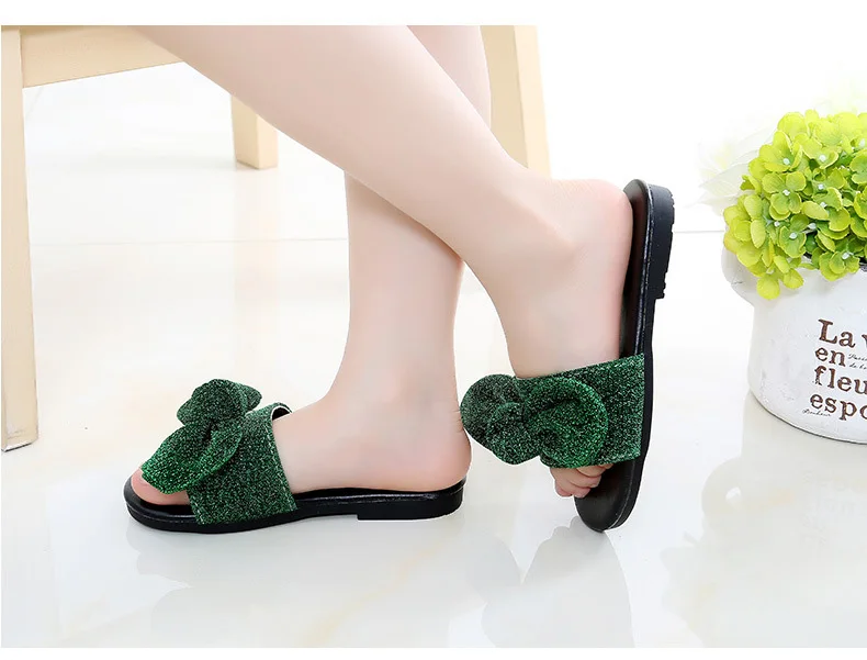 VFOCHI Girl Summer Slippers Bowknot Flats Fashion Shoes for Kids Teenager Girl Casual Slip-on Shoes Children Girl Slipper - Цвет: Green