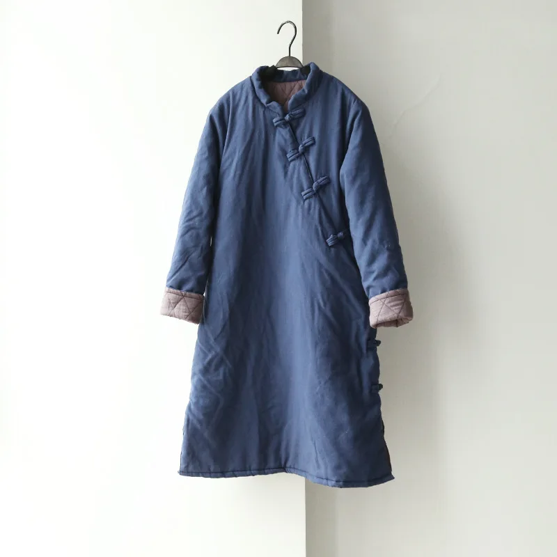 Women Retro Chinese style Cotton Linen Thick Padded Coat Ladies Padded Female Handmade Button Overcoat Outwear