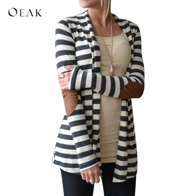 

OEAK 2018 Autumn Cardigan Women Long Sleeve Striped Print Knitted Sweater Cardigan Casual Patchwork Female Jumper Coat Plus Size