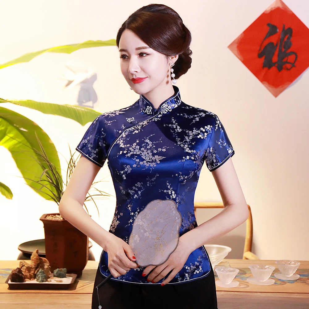

Summer Chinese Women Traditional Satin Blouse Flower Shirt Short Sleeve Dragon Tops Plus Size 3XL 4XL Lady Vintage Shirts 04301