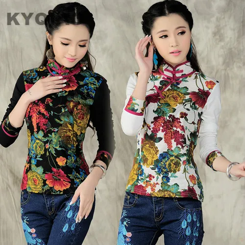 

KYQIAO Chinese style vintage classic mandarin collar long sleeve floral print t-shirt for women 2019 autumn elegant t shirt tee