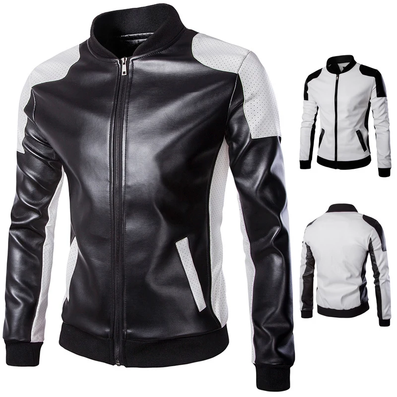 Осень-зима кожаная куртка мужская Брендовое качество из искусственной кожи мотоциклетные куртки Повседневное тонкий черный, белый цвет