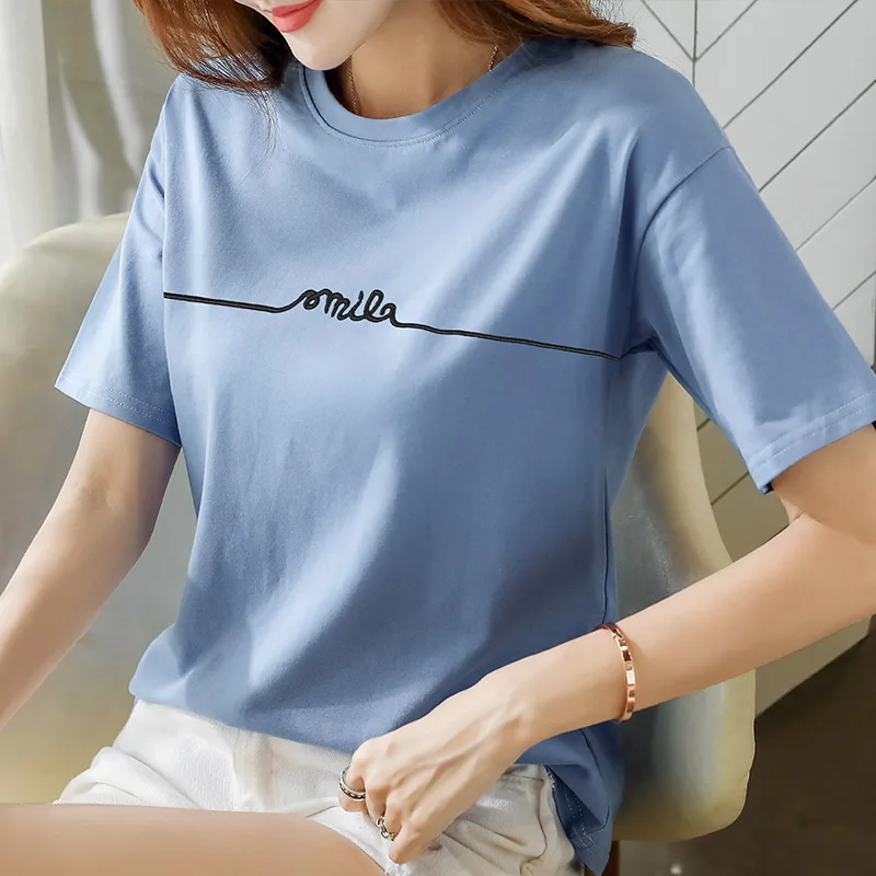 

2019 new Style Short Sleeve Women Tshirt Summer Fashion New Simple Loose Mini Print Letter O-neck Multi Color Tops