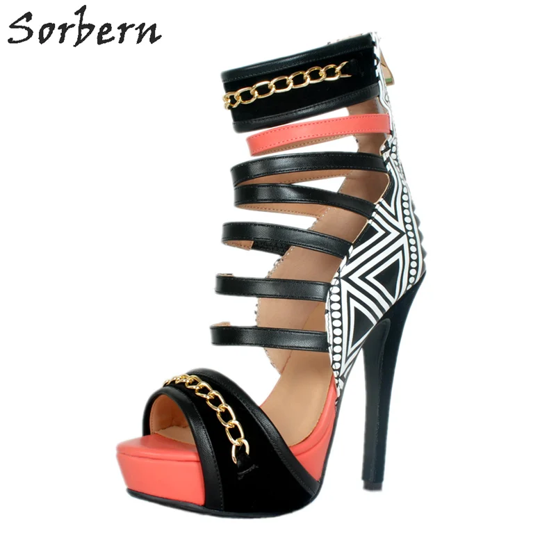 

Sorbern Punk Chain Straps Platform High Heel Sandals Summer Womens Celebrity Shoes Rivets Shoes Heels Fashion Platform Shoes