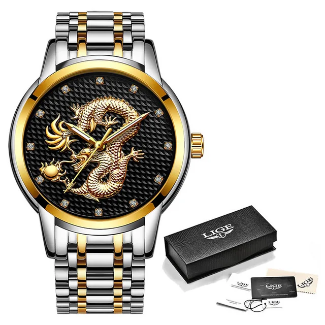 2021 LIGE New Golden Mens Watches Top Brand Luxury Chinese Dragon Watch Business Full Steel Quartz Clock Male Relogio Masculino Gold black S