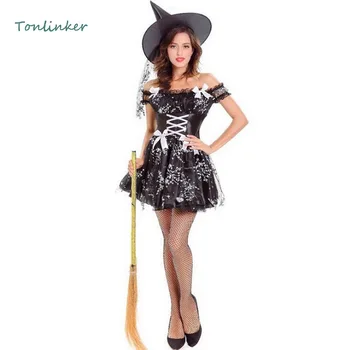 

Halloween Black Tulle Witch Costumes Carnival Clothing Sexy Short Dress+Hat Adult Fairy Costume Cosplay Party Dress