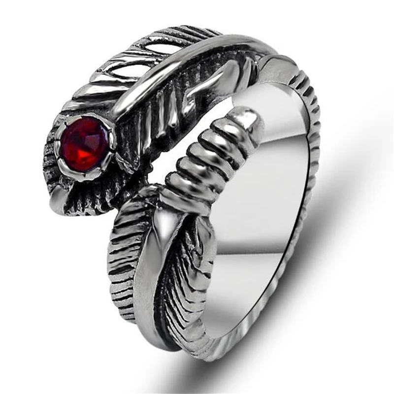Titanium steel Rings Retro Silver Feather Handmade Vintage Red Garnet Natural Stone Jewerly Opening Size For Women And Men | Украшения и