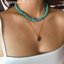 Ingemark Chique Contas Verdes Gargantilha Colares de Concha Pingente Boho Duas Camadas Corda Cadeia de Moda Colar Curto Colar Chockers(China)