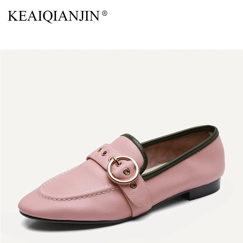 

KEAIQIANJIN Woman Genuine Leather Flats Spring Autumn Green Beige Gray Pink Loafers Shoes Genuine Leather Loafers Lazy Shoes