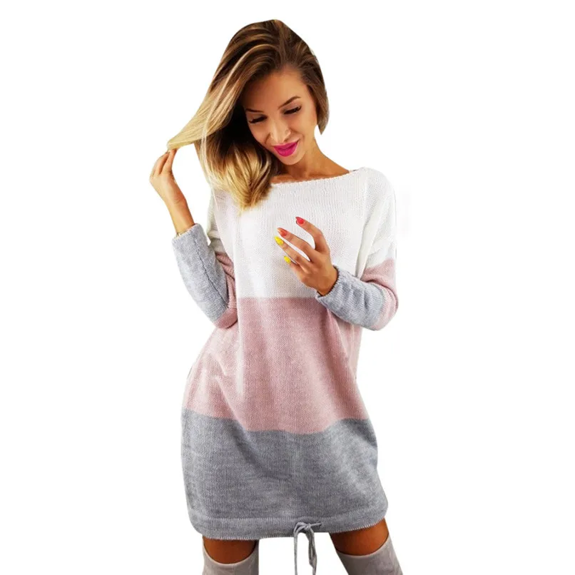 Womens Sweater Dress Ladies O Collar Knitted Casual Striped Loose Dress Long Sleeve Party Dress Vestidos Feminin #F#40SP27 4