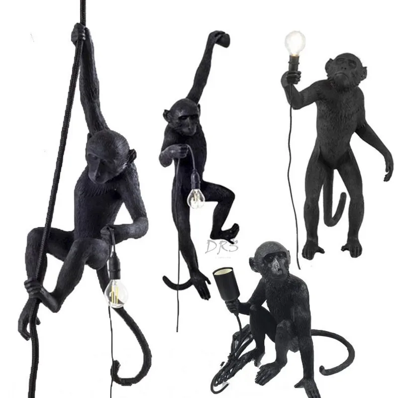 SELETTI Современная черная обезьяна пеньковая веревка животное лампа в форме обезьяны гостиная ресторан магазин одежды люстра лампа настенная Светодиодная лампа