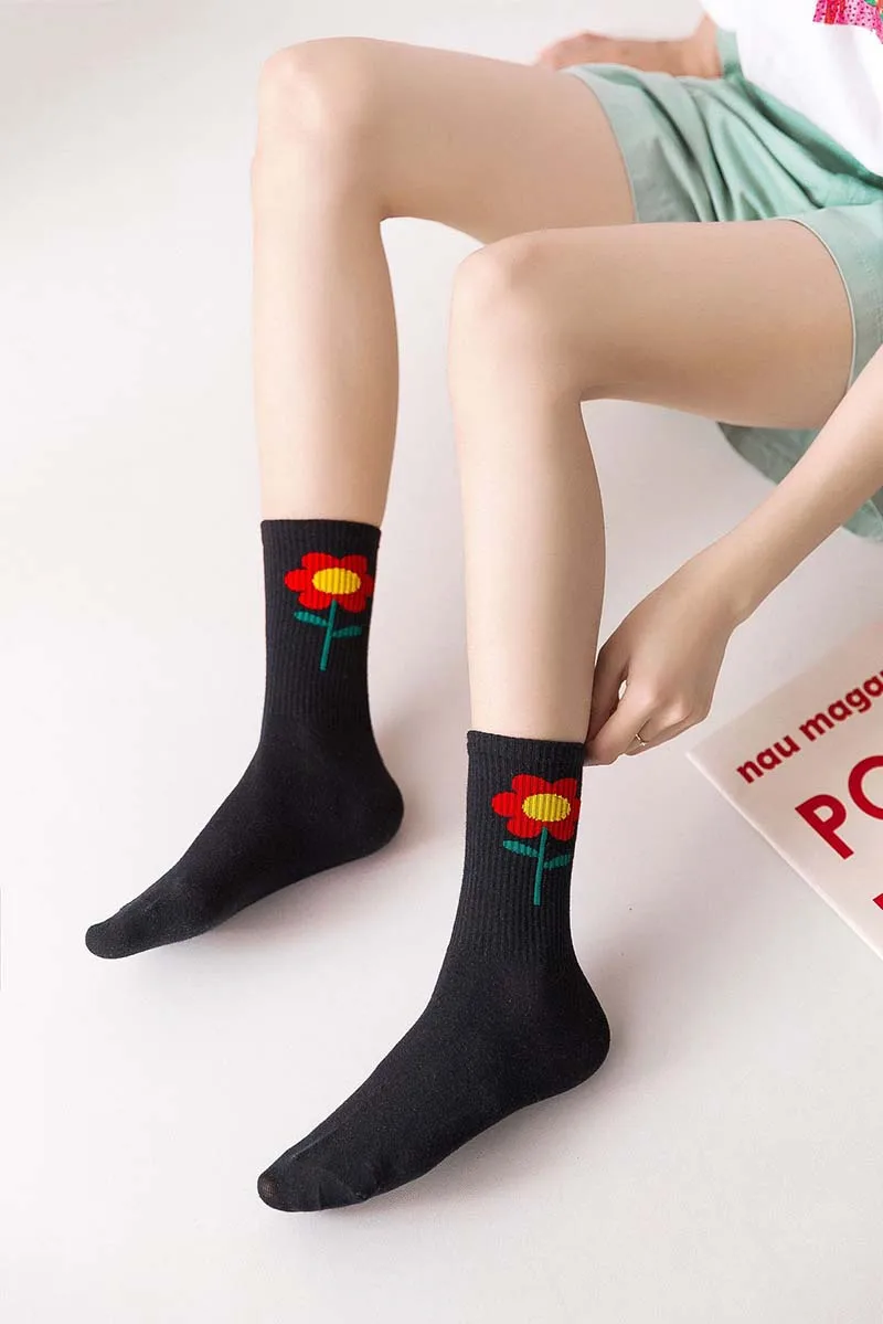 Цветные хлопковые счастливые носки для женщин в британском стиле, повседневные дизайнерские брендовые модные хлопковые черные носки в стиле Харадзюку с подсолнухами, Meias